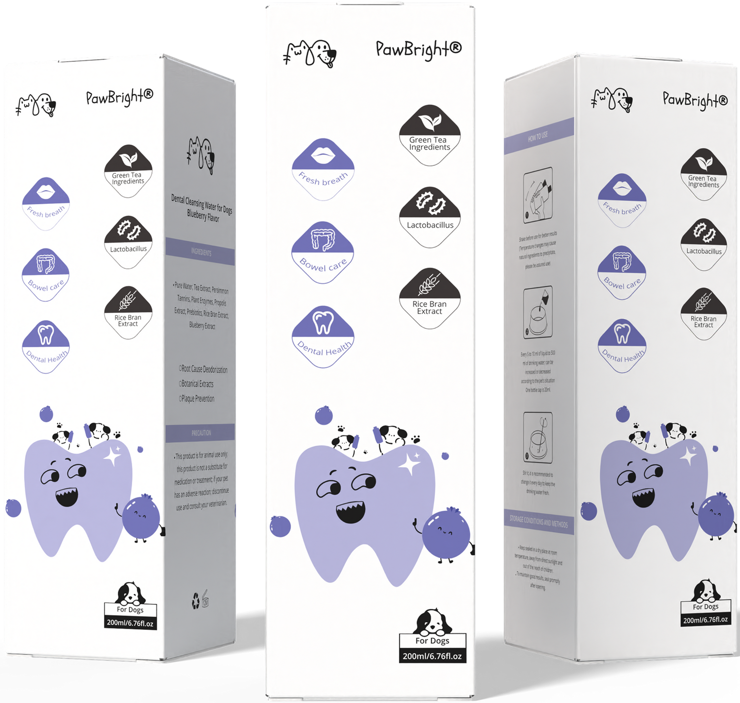 PawBright pet dental cleaning product packaging with cartoon tooth design on a white background
