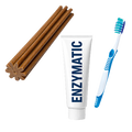 Set of wooden toothbrushes, Enzymatic toothpaste tube, and a blue and white toothbrush 